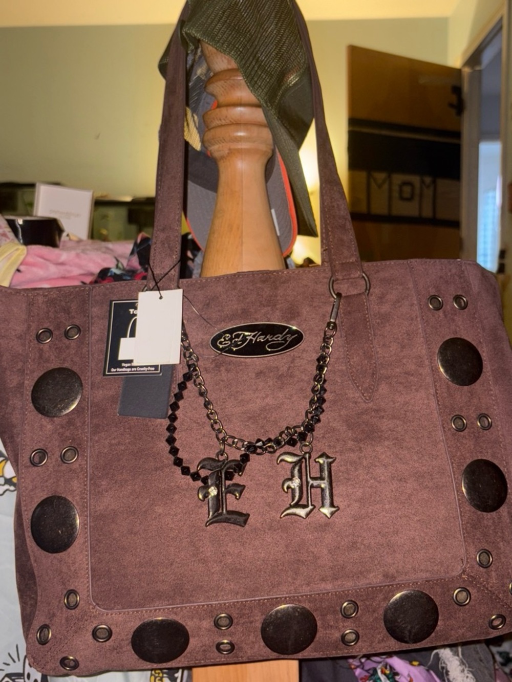 Ed Hardy Plum Suede Tote with Stud and Chain Charm